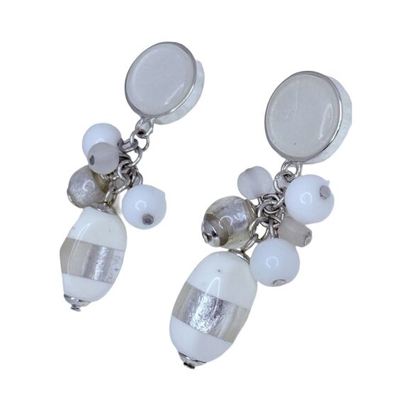 White Art Glass Beaded Cluster Dangle Drop Earrings 2" Silver Tone Trendy - Picture 5 of 10